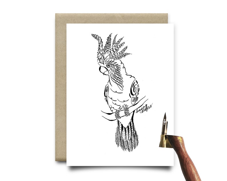 Black and White Fine Art Greeting Bird Lover Gift Handmade Pen and Ink Drawing Cockatoo Card Minimalist Parrot