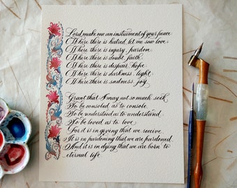 Saint Francis of Assisi Prayer, Hand written and Hand painted Watercolor artwork Saints Prayer, Custom prayer print, Calligraphy Services