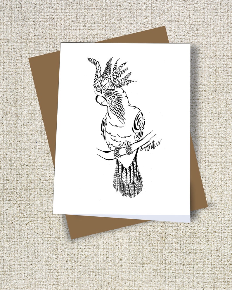 Black and White Fine Art Greeting Bird Lover Gift Handmade Pen and Ink Drawing Cockatoo Card Minimalist Parrot
