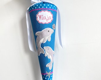 Cono escolar de delfín con bebé | Cono escolar personalizado para niñas | Combina con la mochila escolar Dolphin Pippa | Cono de caramelo de delfín personalizado color turquesa