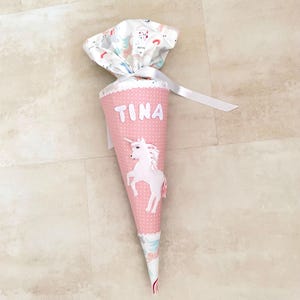 Geschwistertüte personalisiert mit Namen, KiTatüte Einhorn rosa Trosttüte Mädchen mit Regenbogen, Stofftüte Kindergartenkind