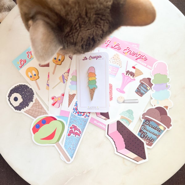 Ice Cream Gift Set! Ice Cream Stickers with a Sparkle Ice Cream Enamel Pin!