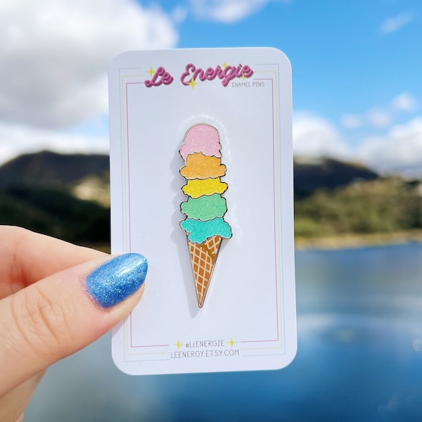 Ice Cream Cone Enamel Pin - Rainbow Ice Cream - Glitter - Sparkle - Cute - Ice Cream scoop - Rainbow Glitter