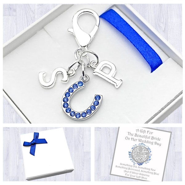 Bride Gift. Wedding Gift. Personalised Initial. Blue Horseshoe. Bride Gift.  Sixpence For Your Shoe. Good luck. Clip On. Box. Bag & Card.