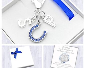 Bride Gift. Wedding Gift. Personalised Initial. Blue Horseshoe. Bride Gift.  Sixpence For Your Shoe. Good luck. Clip On. Box. Bag & Card.