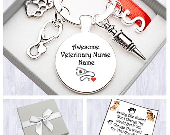 Veterinary Nurse Gift. Personalised. Awesome Veterinary Nurse. Cabochon Keyring. Birthday. Graduation. Thank You. Initial. Box. Bag. Card