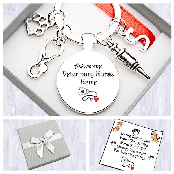 Veterinary Nurse Gift. Personalised. Awesome Veterinary Nurse. Cabochon Keyring. Birthday. Graduation. Thank You. Initial. Box. Bag. Card