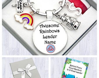 Rainbows Leader Gift. Personalised.  Behind Every Good Rainbow, Is A Great Leader. Cabochon Keyring. Initial Charm. Gift Card