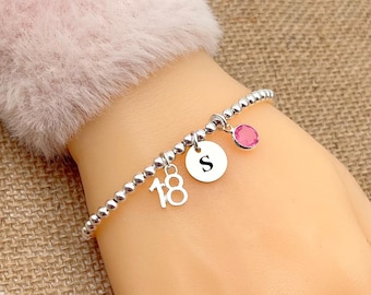 18th Birthday Gift. Personalised. Sterling Silver Bracelet. 18th Bracelet Gift. Gift For 18th Birthday. Birthstone. Initial. Gift Boxed