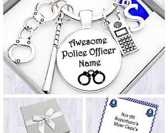 Police Officer Gift. Personalised. Awesome Police Officer. Cabochon Keyring. Student. Retirement. Graduation. Initial. Box. Bag. Gift Card