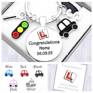 Driving Test Gift. Personalised. Congratulations On Your Driving Test. Silver Car. New Driver. Cabochon Keyring. Box. Bag. Card image 5