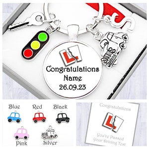 Driving Test Gift. Personalised. Congratulations On Your Driving Test. Silver Car. New Driver. Cabochon Keyring. Box. Bag. Card image 1