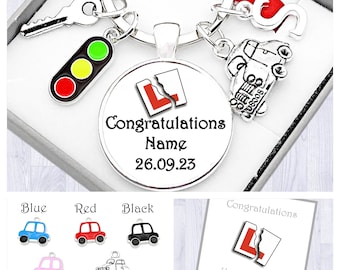 Driving Test Gift. Personalised. Congratulations On Your Driving Test. Silver Car. New Driver. Cabochon Keyring. Box. Bag. Card