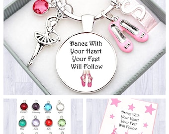 Dance Gift. Personalised Initial. Dance With Your Heart, Your Feet Will Follow. Cabochon Keyring. Birthstone.  Box. Gift Card