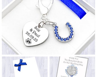 Bride Gift. Personalised Engraved Heart Charm. Blue Horseshoe. Wedding Gift. Sixpence For Your Shoe. Clip On. Gift Box. Bag & Gift Card