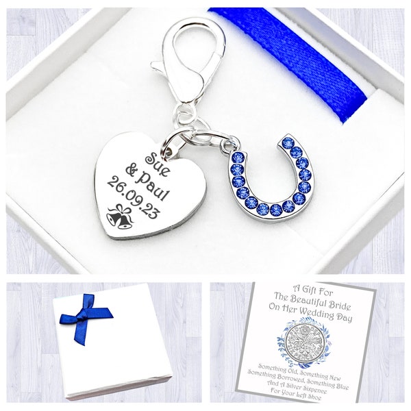 Bride Gift. Personalised Engraved Heart Charm. Blue Horseshoe. Wedding Gift. Sixpence For Your Shoe. Clip On. Gift Box. Bag & Gift Card