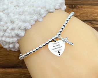 1st Holy Communion Bracelet Gift. Personalised. Sterling Silver Bracelet. Rhinestone Cross Charm. Gift Box & Bag