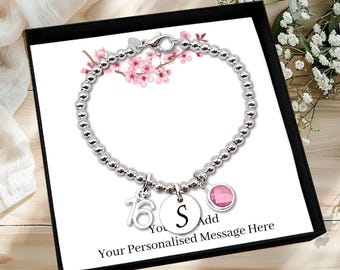 16th Birthday Gift. Personalised. Sterling Silver Bracelet. 16th Bracelet Gift. Gift For 16th Birthday. Birthstone. Initial. Gift Boxed.