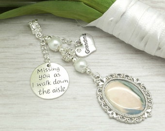 Bridal bouquet photo charm. Antique silver oval . Missing you as i walk down the aisle. In loving memory. Choice of family heart charms