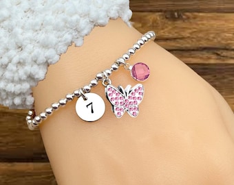 7th Birthday Gift. Personalised. Sterling Silver Bracelet. Butterfly. Birthstone Charm. 7th Bracelet Gift. Gift For Girls. Gift Boxed