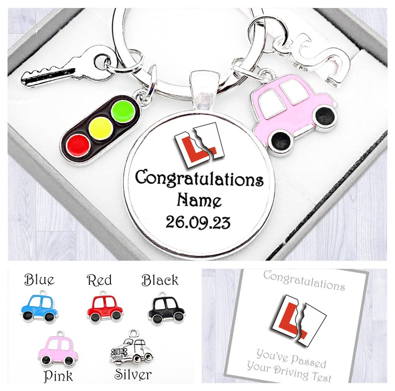 Driving Test Gift. Personalised. Congratulations On Your Driving Test. Silver Car. New Driver. Cabochon Keyring. Box. Bag. Card image 3