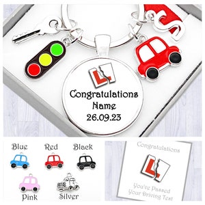 Driving Test Gift. Personalised. Congratulations On Your Driving Test. Silver Car. New Driver. Cabochon Keyring. Box. Bag. Card image 4
