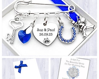 Bride Gift. Personalised Engraved Heart Charm. Blue Horseshoe. Wedding Gift. Sixpence For Your Shoe. Brooch. Pin. Gift Box. Bag & Gift Card