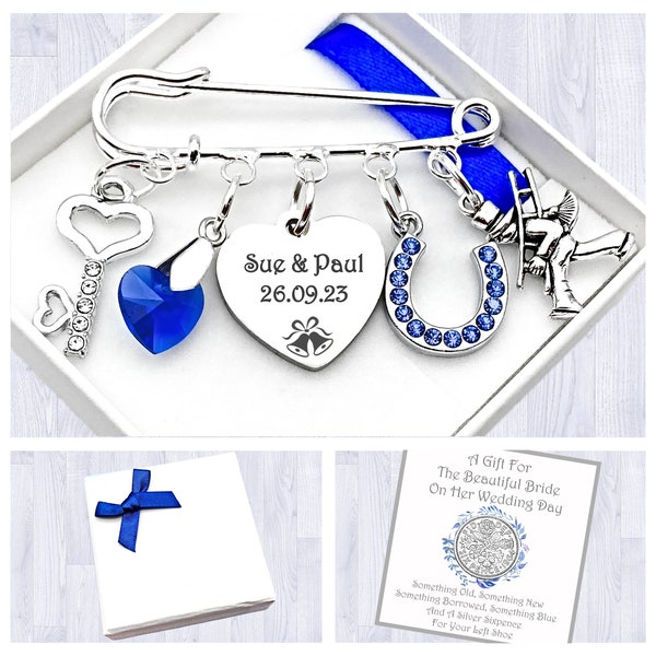 Bride Gift. Personalised Engraved Heart Charm. Blue Horseshoe. Wedding Gift. Sixpence For Your Shoe. Brooch. Pin. Gift Box. Bag & Gift Card