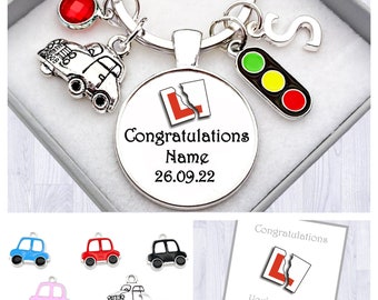 Driving Test Gift. Personalised. Congratulations On Your Driving Test. Silver Car. New Driver. Cabochon Keyring. Box. Bag. Card