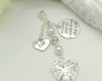 Bridal bouquet photo charm. Fancy Heart locket. Missing you as i walk down the aisle. In loving memory. Choice of family heart charms