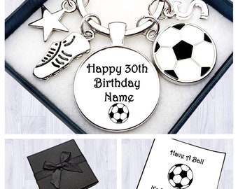 13th Birthday Gift. Football Gift. Personalised. Cabochon Keyring. Football Team. Sport Gift. Football Fan. Initial Charm. Box. Card