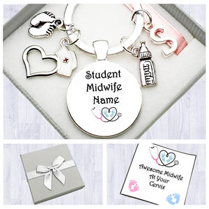 Student Midwife Gift. Personalised. NHS Worker. Cabochon Keyring. Birthday. Retiring. Thank You. Initial Charm. Box. Bag. Gift Card