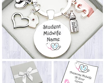 Student Midwife Gift. Personalised. NHS Worker. Cabochon Keyring. Birthday. Retiring. Thank You. Initial Charm. Box. Bag. Gift Card