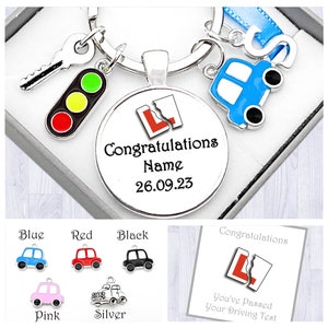 Driving Test Gift. Personalised. Congratulations On Your Driving Test. Silver Car. New Driver. Cabochon Keyring. Box. Bag. Card image 2