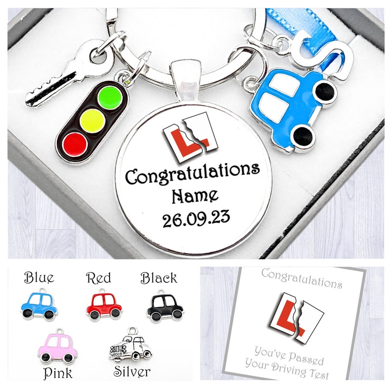 Driving Test Gift. Personalised. Congratulations On Your Driving Test. Silver Car. New Driver. Cabochon Keyring. Box. Bag. Card image 2