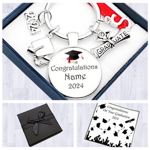 Graduation Gift. Personalised. Congratulations On Your Graduation. 2024. Cabochon Keyring.  Initial Charm. Box. Gift Card