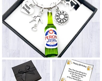 18th Birthday Gift. Beer Gift. Beer Drinking. Peroni Beer Bottle. Charm Keyring.  Number/Heart Charm. Box. Gift Card