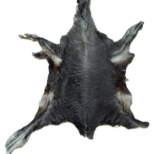 May include: A dark gray animal hide with a natural shape, featuring a mix of dark and light gray tones. The hide has a textured appearance and is laid out on a white background. The product is a decorative item.