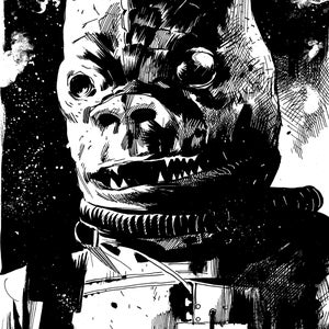 May include: Black and white illustration of a creature with a large snout and sharp teeth wearing a helmet and a spacesuit. The creature is set against a starry background.