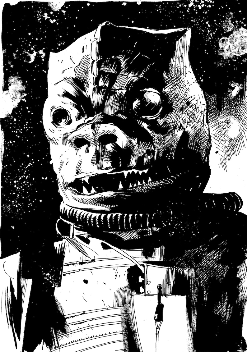 May include: Black and white illustration of a creature with a large snout and sharp teeth wearing a helmet and a spacesuit. The creature is set against a starry background.