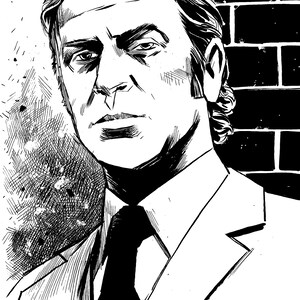 Pode incluir: Ilustra&ccedil;&atilde;o a preto e branco de um homem de fato e gravata. O retrato mostra uma express&atilde;o s&eacute;ria. Uma parede de tijolos e uma &aacute;rea texturizada formam o fundo. O estilo lembra uma banda desenhada.