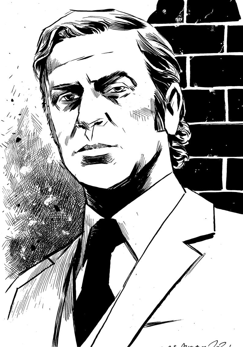 Pode incluir: Ilustra&ccedil;&atilde;o a preto e branco de um homem de fato e gravata. O retrato mostra uma express&atilde;o s&eacute;ria. Uma parede de tijolos e uma &aacute;rea texturizada formam o fundo. O estilo lembra uma banda desenhada.