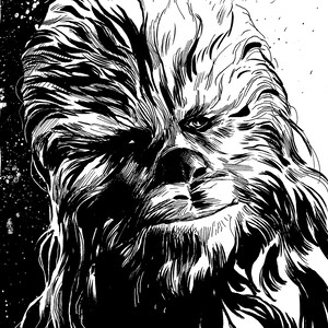 May include: Black and white line art illustration of a Wookiee character with a thick coat of fur. The character has a serious expression and is looking directly at the viewer.