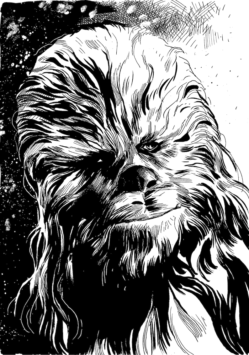 May include: Black and white line art illustration of a Wookiee character with a thick coat of fur. The character has a serious expression and is looking directly at the viewer.