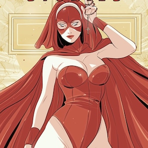 Puede incluir: Portada de cómic de "Switchblade Stories" con una mujer con un body rojo, máscara y capa. El título está en letras negritas y estilizadas. El nombre del artista y el número 7 están en la parte inferior. El fondo tiene un estampado floral.