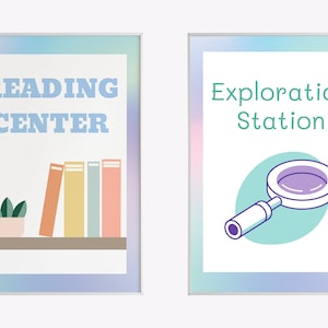 Pastel Classroom Area Signs | Gradient Early Elementary Classroom Centers Signs | Blue Pink Purple Teal Classroom Stations Signs | Preschool