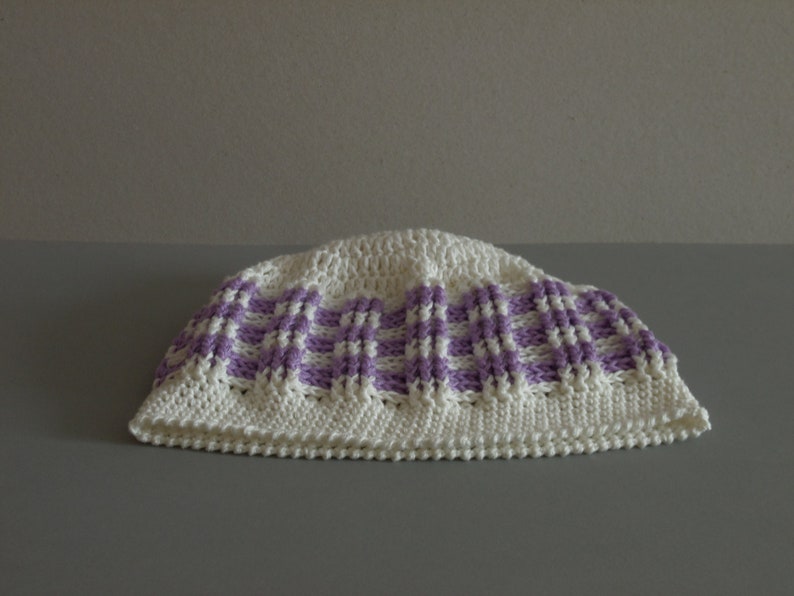 Cotton Hat Striped Hat READY TO SHIP White with Lilac Hat Women Hat Spring Summer Hat Crocheted Slouchy Hat