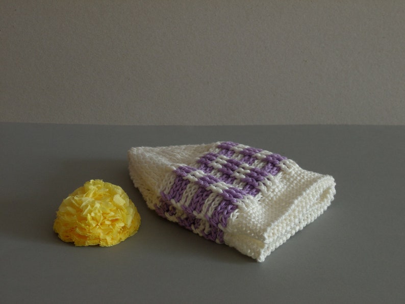 Cotton Hat Striped Hat READY TO SHIP White with Lilac Hat Women Hat Spring Summer Hat Crocheted Slouchy Hat