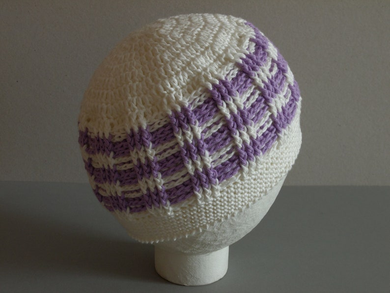 Cotton Hat Striped Hat READY TO SHIP White with Lilac Hat Women Hat Spring Summer Hat Crocheted Slouchy Hat