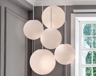 CREATIVECOTTON exclusive and height-adjustable 5-light LED pendant lamp with handcrafted cotton spheres White Edition